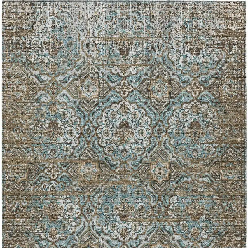 Teal Blue And Blue Floral Washable Indoor Outdoor Area Rug Photo 3
