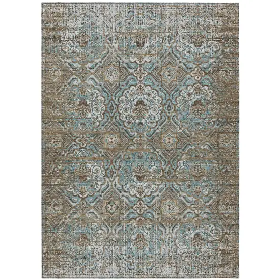Teal Blue And Blue Floral Washable Indoor Outdoor Area Rug Photo 2