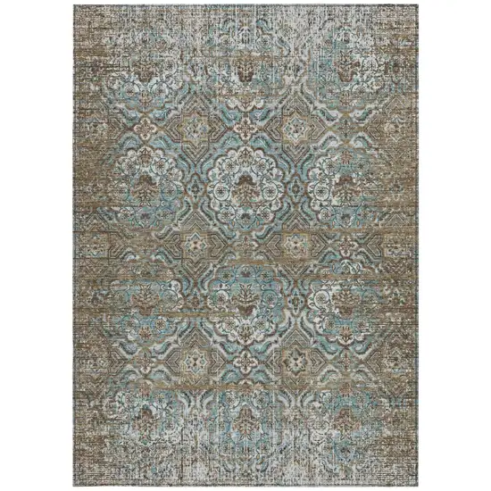 Teal Blue And Blue Floral Washable Indoor Outdoor Area Rug Photo 4