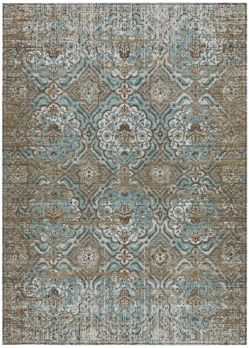 Teal Blue And Blue Floral Washable Indoor Outdoor Area Rug Photo 4