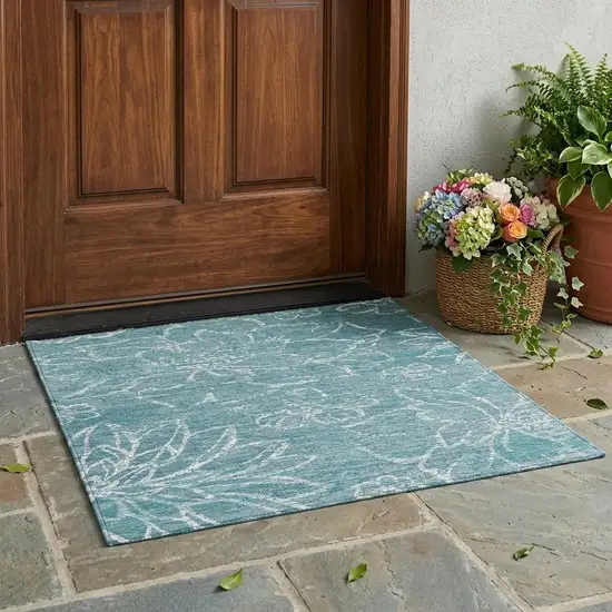 Teal Blue And Blue Floral Washable Indoor Outdoor Area Rug Photo 1