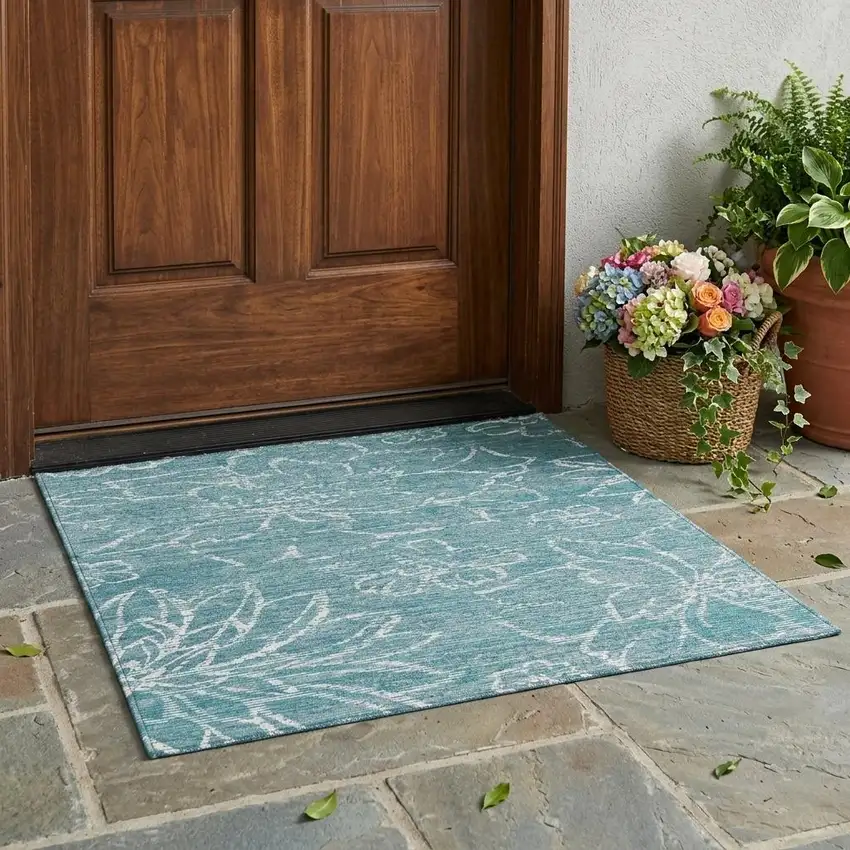 Teal Blue And Blue Floral Washable Indoor Outdoor Area Rug Photo 1