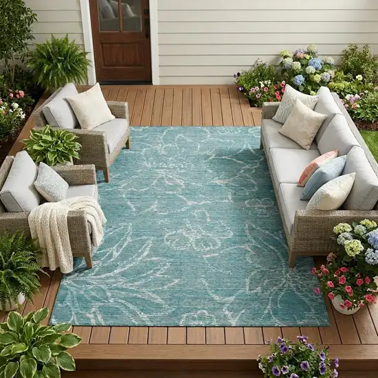 Teal Blue And Blue Floral Washable Indoor Outdoor Area Rug Photo 1