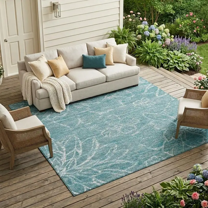 Teal Blue And Blue Floral Washable Indoor Outdoor Area Rug Photo 1