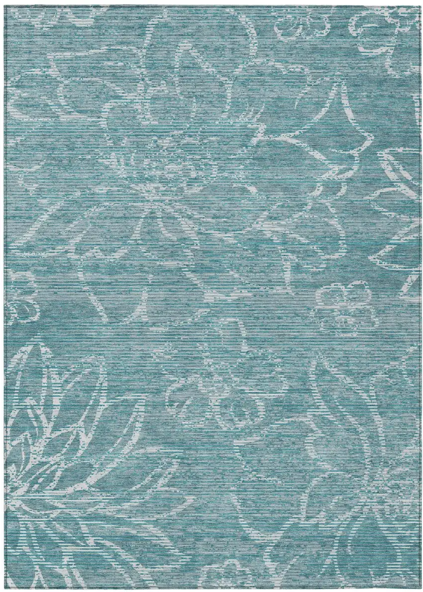 Teal Blue And Blue Floral Washable Indoor Outdoor Area Rug Photo 2