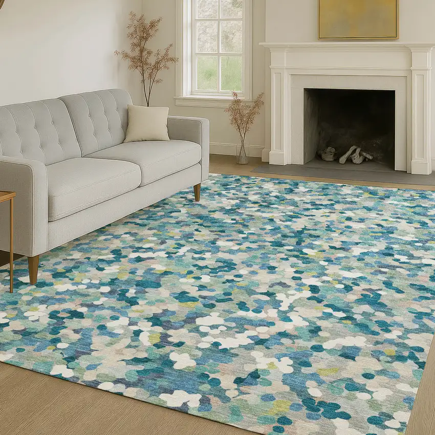 Teal Blue And Blue Geometric Washable Indoor Outdoor Area Rug Photo 6
