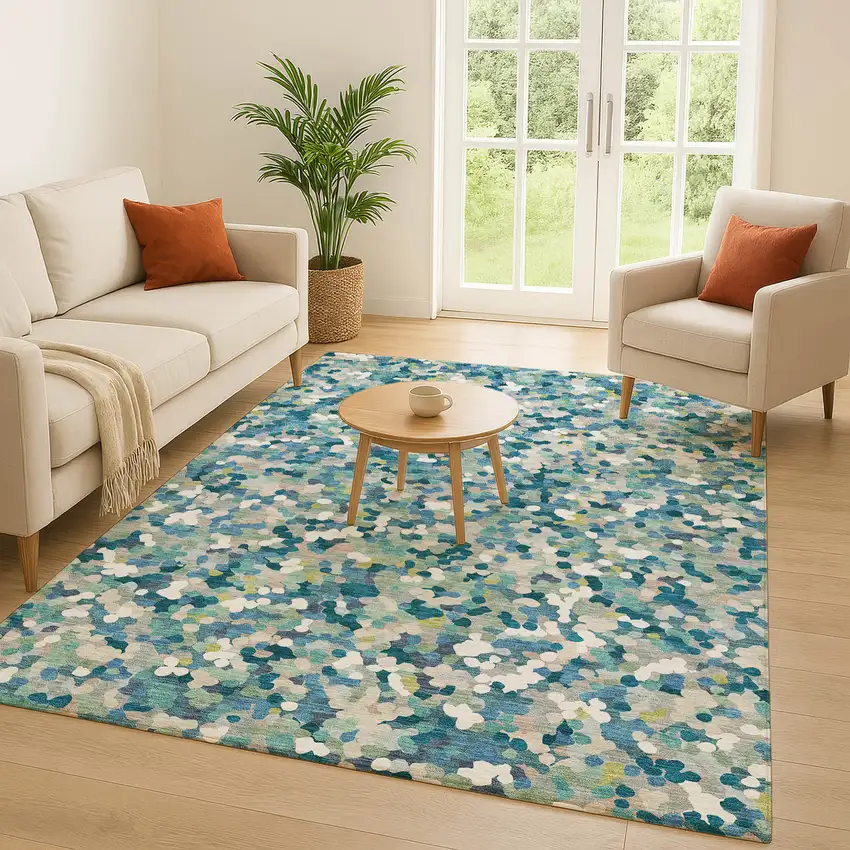 Teal Blue And Blue Geometric Washable Indoor Outdoor Area Rug Photo 5