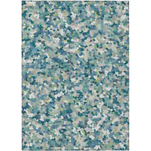 Photo of Teal Blue And Blue Geometric Washable Indoor Outdoor Area Rug