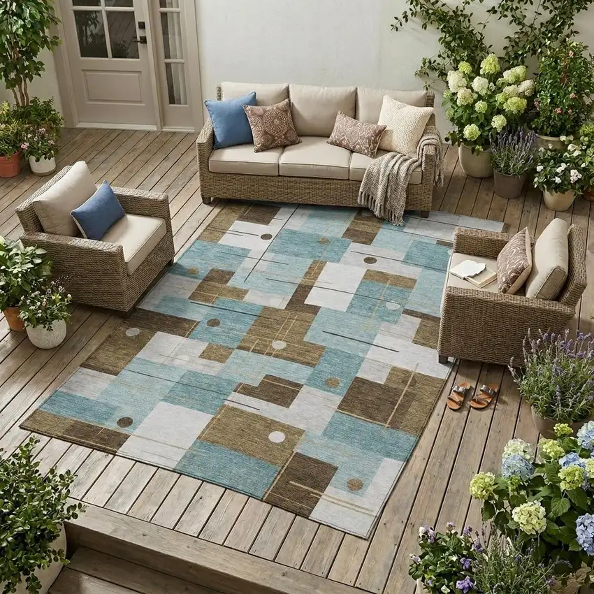 Teal Blue And Blue Geometric Washable Indoor Outdoor Area Rug Photo 1
