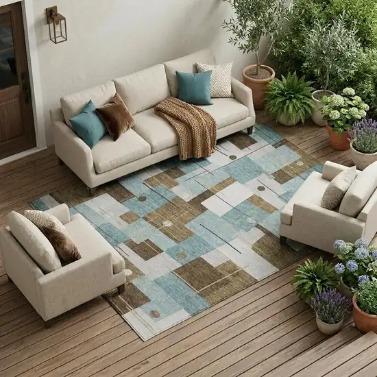 Teal Blue And Blue Geometric Washable Indoor Outdoor Area Rug Photo 1