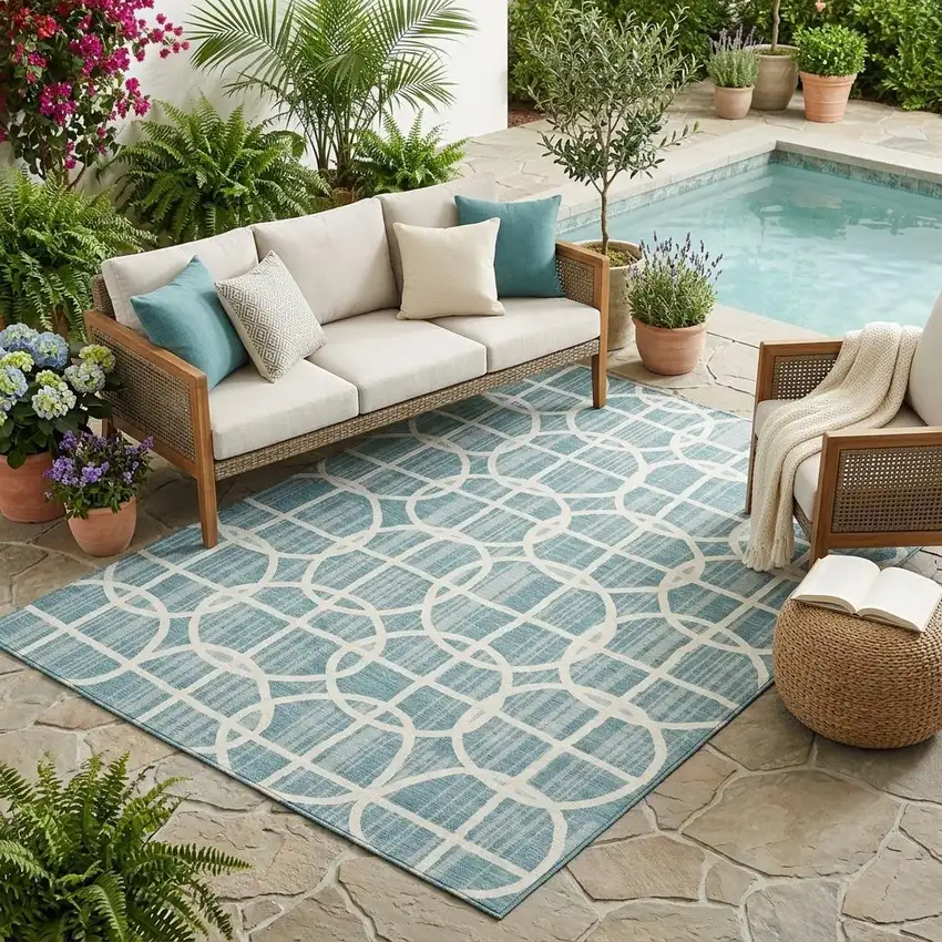 Teal Blue And Blue Geometric Washable Indoor Outdoor Area Rug Photo 1