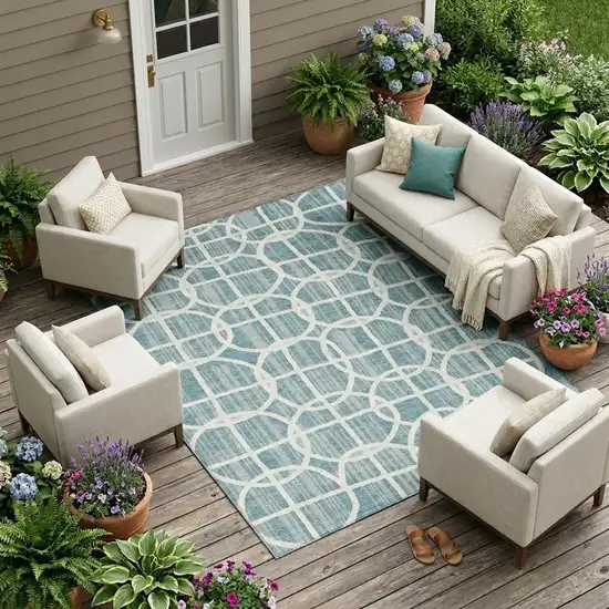 Teal Blue And Blue Geometric Washable Indoor Outdoor Area Rug Photo 1