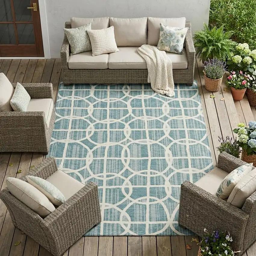 Teal Blue And Blue Geometric Washable Indoor Outdoor Area Rug Photo 1