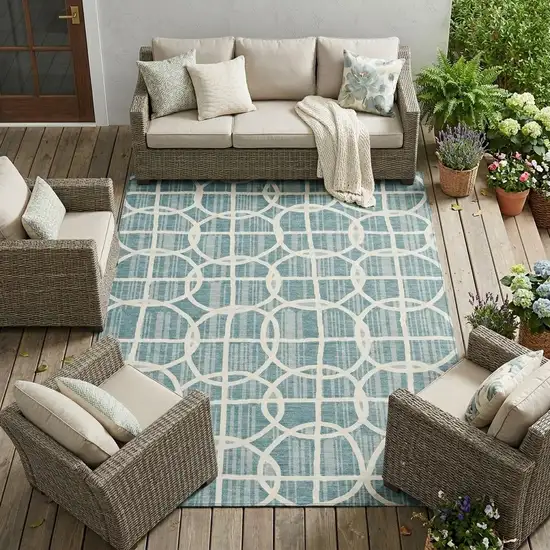 Teal Blue And Blue Geometric Washable Indoor Outdoor Area Rug Photo 1