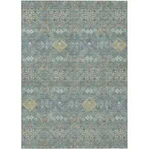 Photo of Teal Blue And Blue Oriental Washable Indoor Outdoor Area Rug