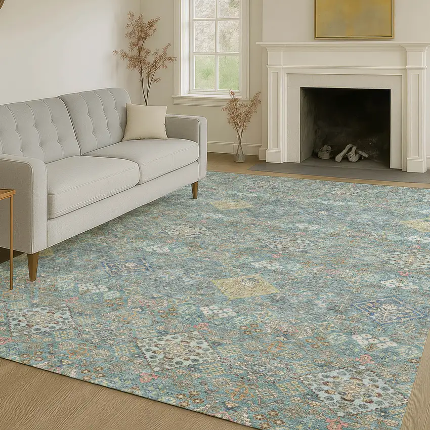 Teal Blue And Blue Oriental Washable Indoor Outdoor Area Rug Photo 6