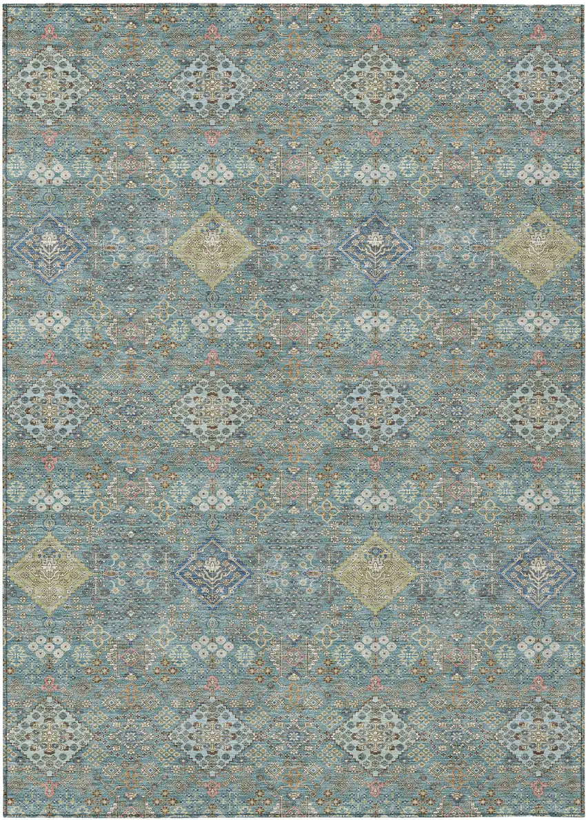 Teal Blue And Blue Oriental Washable Indoor Outdoor Area Rug Photo 1