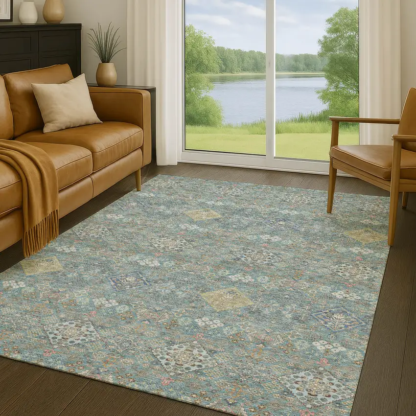 Teal Blue And Blue Oriental Washable Indoor Outdoor Area Rug Photo 5