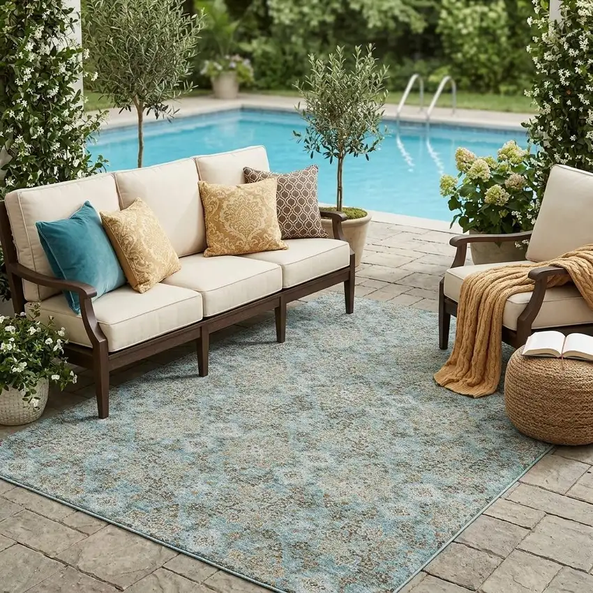 Teal Blue And Blue Oriental Washable Indoor Outdoor Area Rug Photo 1