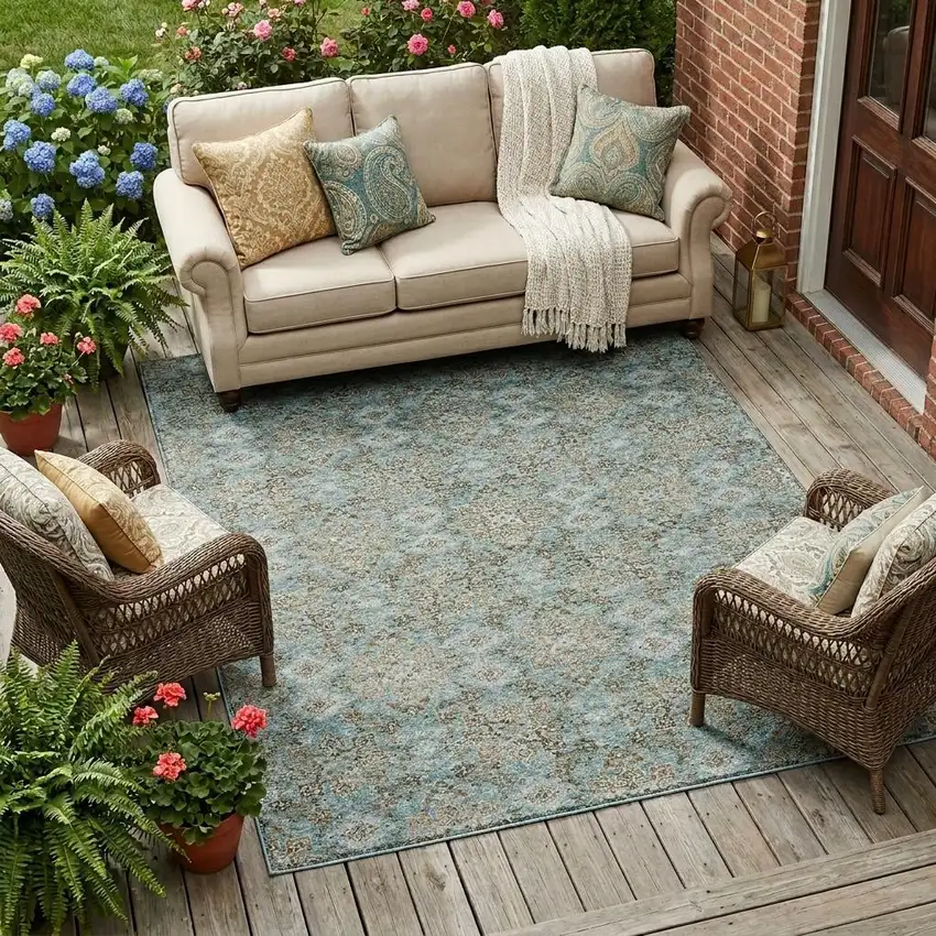 Teal Blue And Blue Oriental Washable Indoor Outdoor Area Rug Photo 1
