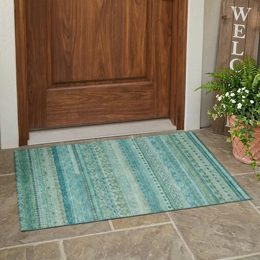 Teal Blue And Blue Striped Washable Indoor Outdoor Area Rug Photo 1