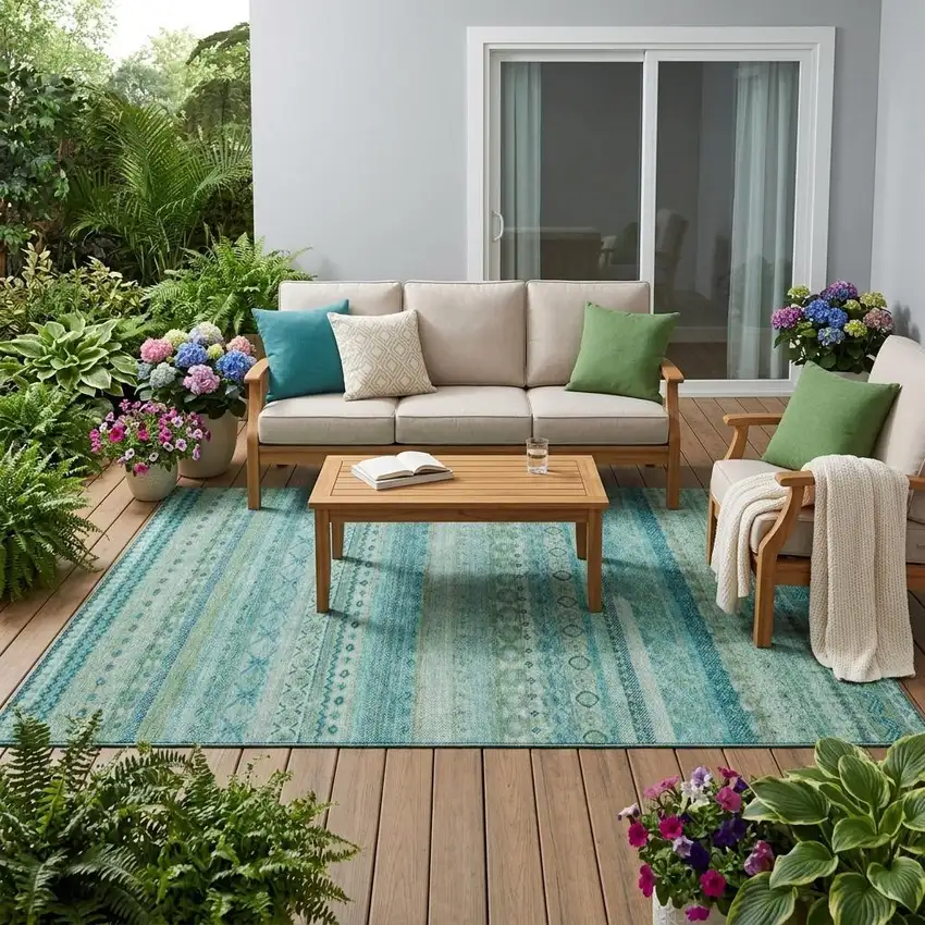 Teal Blue And Blue Striped Washable Indoor Outdoor Area Rug Photo 1