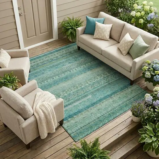 Teal Blue And Blue Striped Washable Indoor Outdoor Area Rug Photo 1
