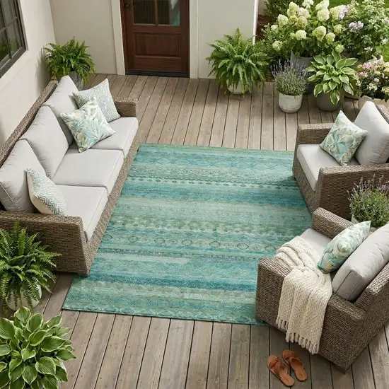 Teal Blue And Blue Striped Washable Indoor Outdoor Area Rug Photo 1