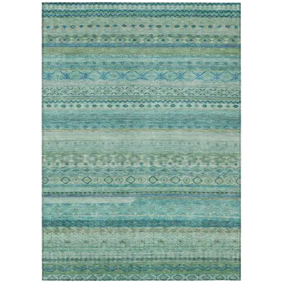 Teal Blue And Blue Striped Washable Indoor Outdoor Area Rug Photo 2