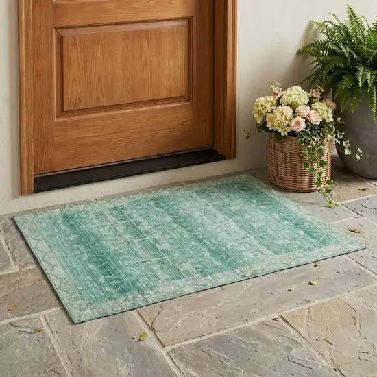 Teal Blue And Blue Tribal Washable Indoor Outdoor Area Rug Photo 1