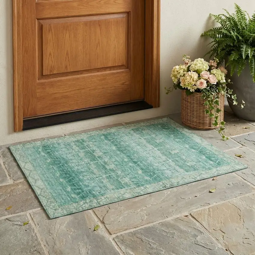 Teal Blue And Blue Tribal Washable Indoor Outdoor Area Rug Photo 1