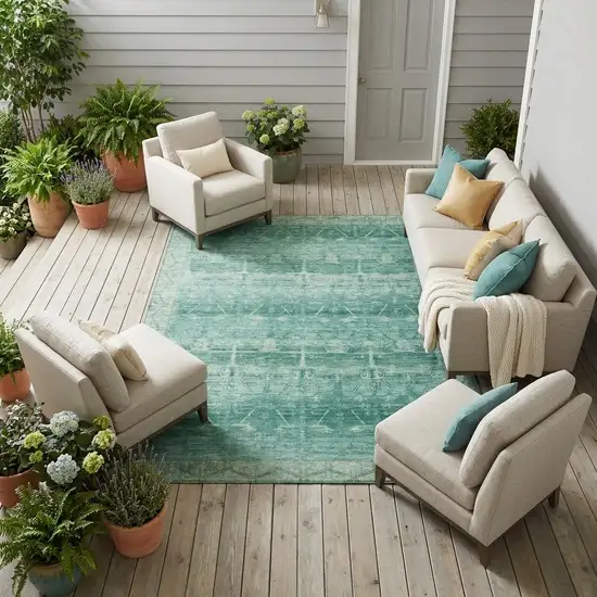 Teal Blue And Blue Tribal Washable Indoor Outdoor Area Rug Photo 1