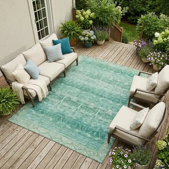 Teal Blue And Blue Tribal Washable Indoor Outdoor Area Rug Photo 1