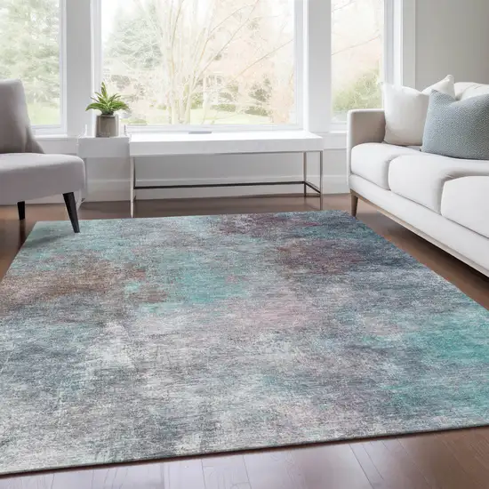 Teal Blue And Blush Abstract Washable Indoor Outdoor Area Rug Photo 6