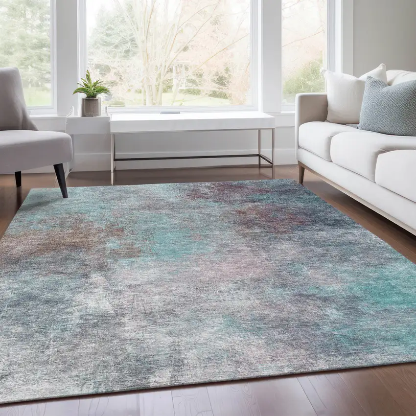 Teal Blue And Blush Abstract Washable Indoor Outdoor Area Rug Photo 6