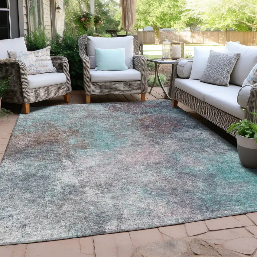 Teal Blue And Blush Abstract Washable Indoor Outdoor Area Rug Photo 4