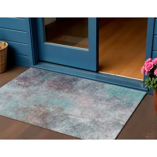 Teal Blue And Blush Abstract Washable Indoor Outdoor Area Rug Photo 2