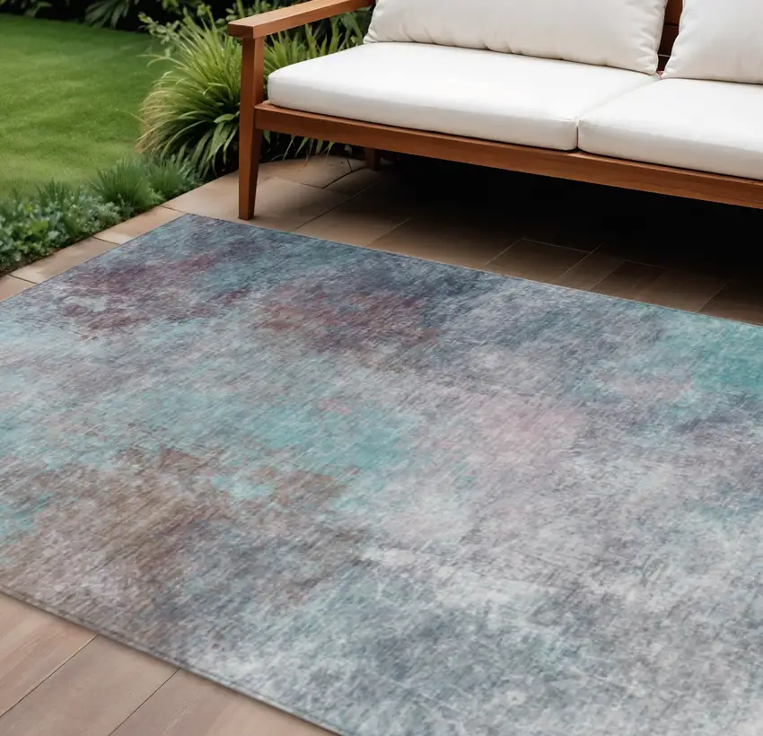 Teal Blue And Blush Abstract Washable Indoor Outdoor Area Rug Photo 2