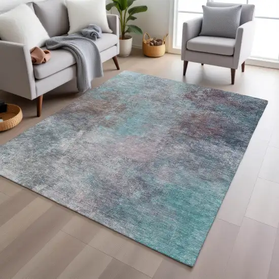Teal Blue And Blush Abstract Washable Indoor Outdoor Area Rug Photo 5