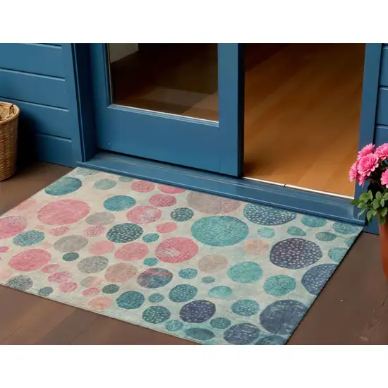 Teal Blue And Blush Geometric Washable Indoor Outdoor Area Rug Photo 2