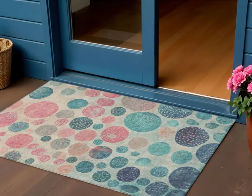 Teal Blue And Blush Geometric Washable Indoor Outdoor Area Rug Photo 2