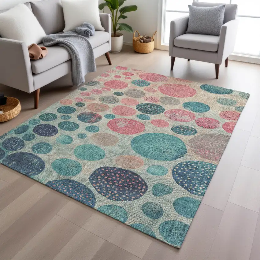 Teal Blue And Blush Geometric Washable Indoor Outdoor Area Rug Photo 5