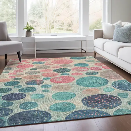 Teal Blue And Blush Geometric Washable Indoor Outdoor Area Rug Photo 6