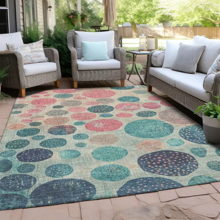 Teal Blue And Blush Geometric Washable Indoor Outdoor Area Rug Photo 4