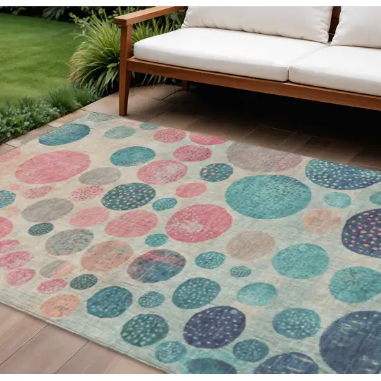 Teal Blue And Blush Geometric Washable Indoor Outdoor Area Rug Photo 2