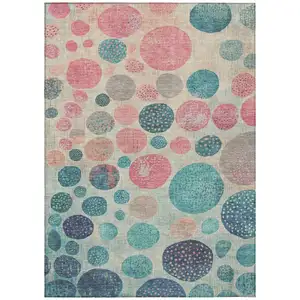 Photo of Teal Blue And Blush Geometric Washable Indoor Outdoor Area Rug