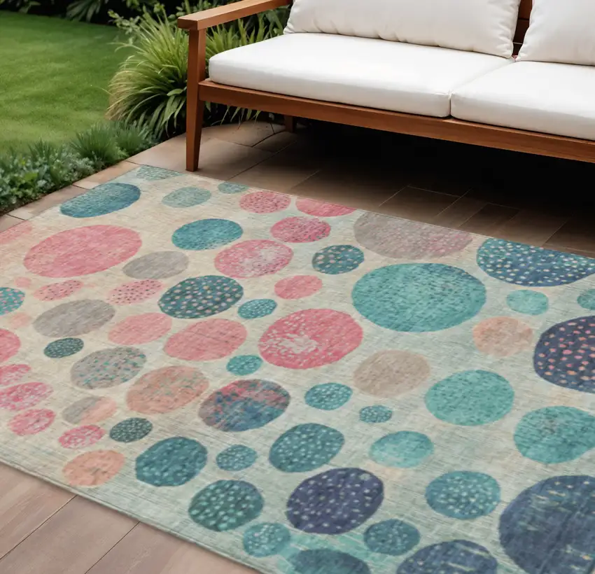 Teal Blue And Blush Geometric Washable Indoor Outdoor Area Rug Photo 2