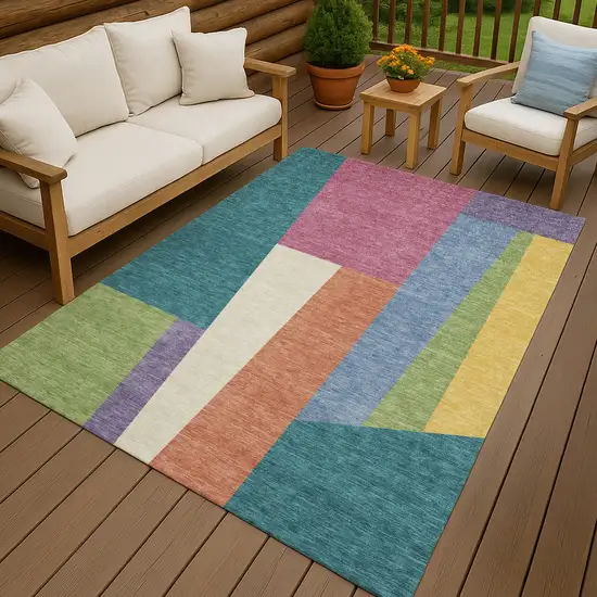 Teal Blue And Blush Geometric Washable Indoor Outdoor Area Rug Photo 4