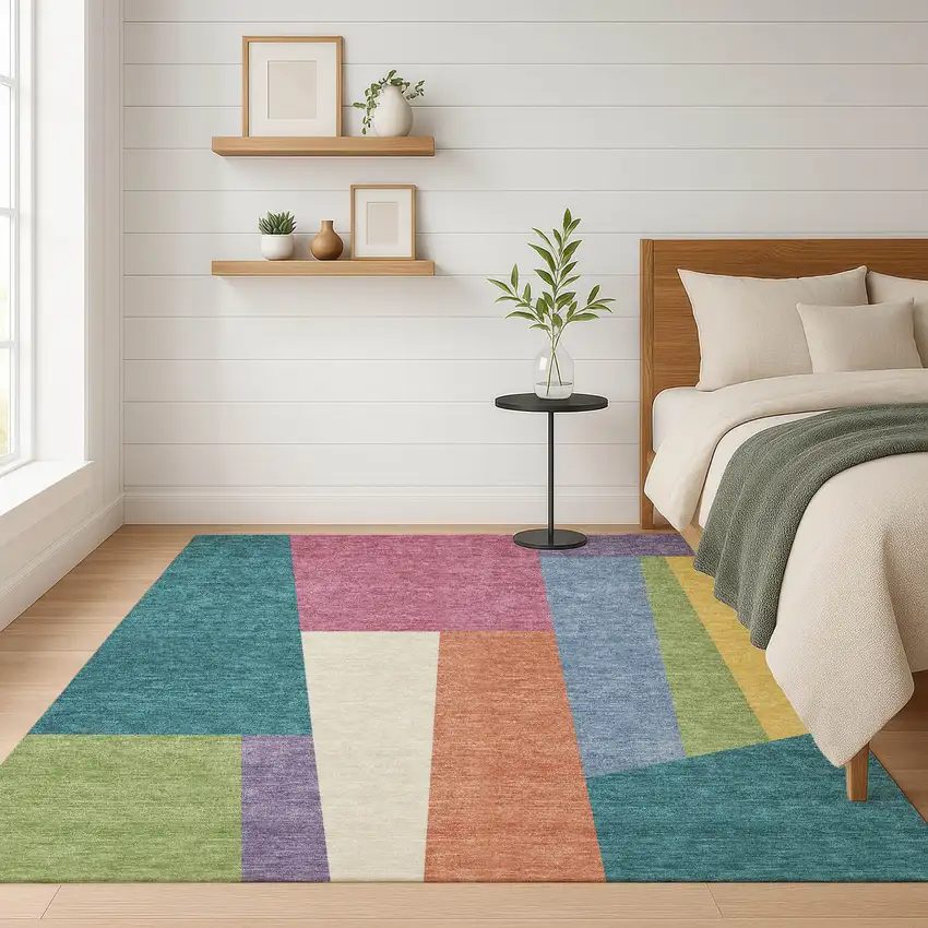 Teal Blue And Blush Geometric Washable Indoor Outdoor Area Rug Photo 6