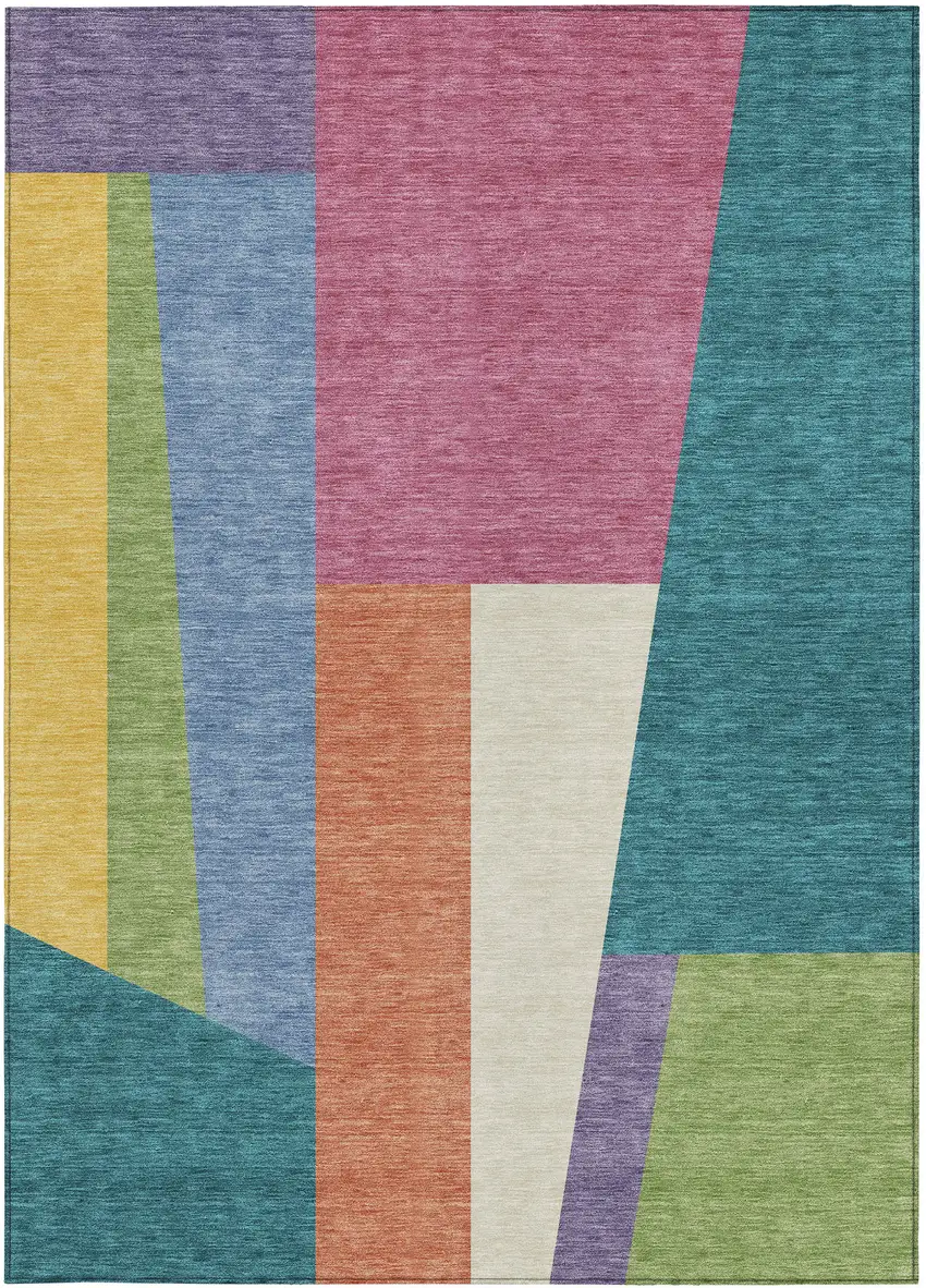 Teal Blue And Blush Geometric Washable Indoor Outdoor Area Rug Photo 3